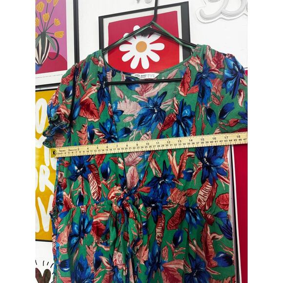 ZARA BASIC Z1975 Green Floral Wrap Dress M | Puff Sleeve Belted Mini Boho Style - Picture 6 of 7